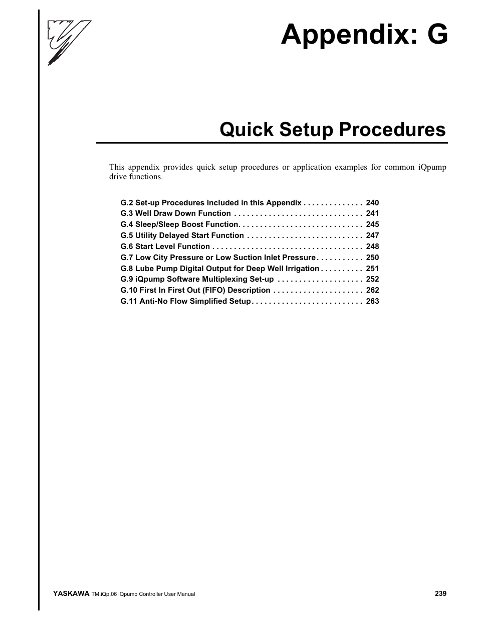 Quick setup procedures, Appendix: g | Yaskawa iQpump Controller User Manual User Manual | Page 239 / 266