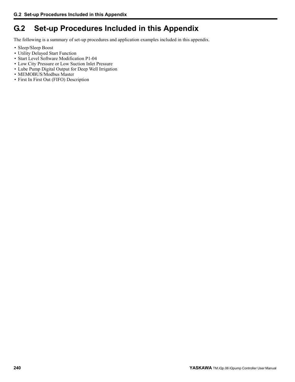 G.2 set-up procedures included in this appendix, Set-up procedures included in this appendix | Yaskawa iQpump Controller User Manual User Manual | Page 240 / 266