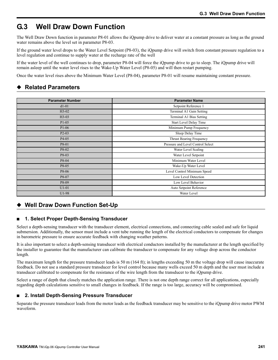 G.3 well draw down function, Well draw down function, Select proper depth-sensing transducer | Install depth-sensing pressure transducer | Yaskawa iQpump Controller User Manual User Manual | Page 241 / 266