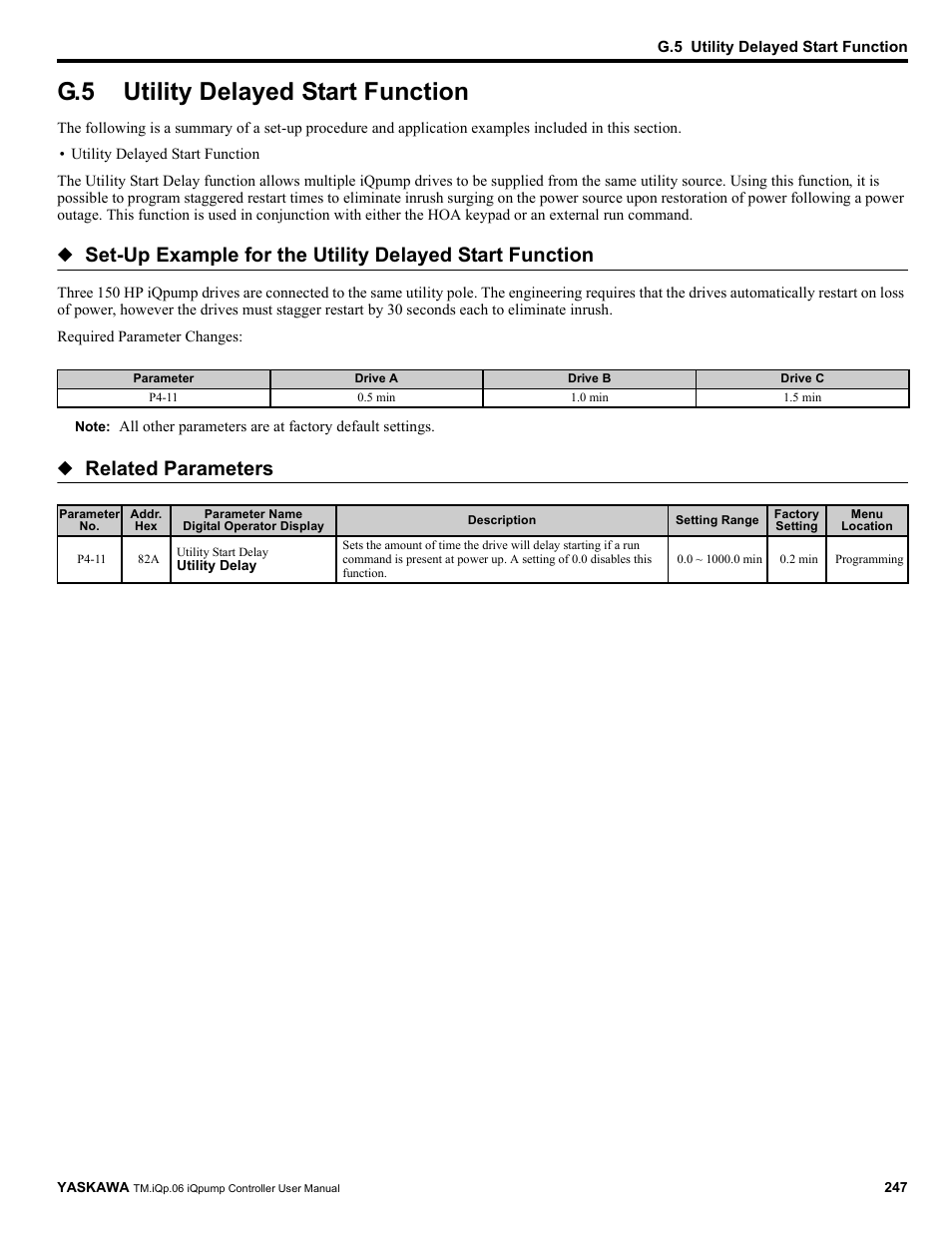 G.5 utility delayed start function, Utility delayed start function, Related parameters | Yaskawa iQpump Controller User Manual User Manual | Page 247 / 266