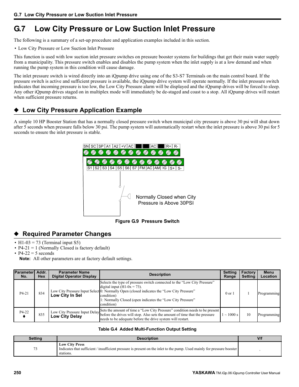 Low city pressure or low suction inlet pressure, Figure g.7, Low city pressure application example | Required parameter changes | Yaskawa iQpump Controller User Manual User Manual | Page 250 / 266