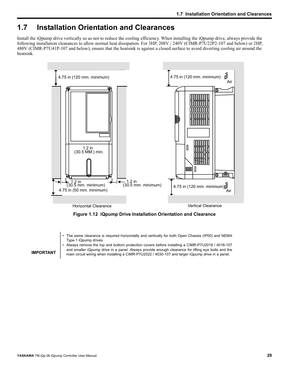 7 installation orientation and clearances, Installation orientation and clearances | Yaskawa iQpump Controller User Manual User Manual | Page 29 / 266
