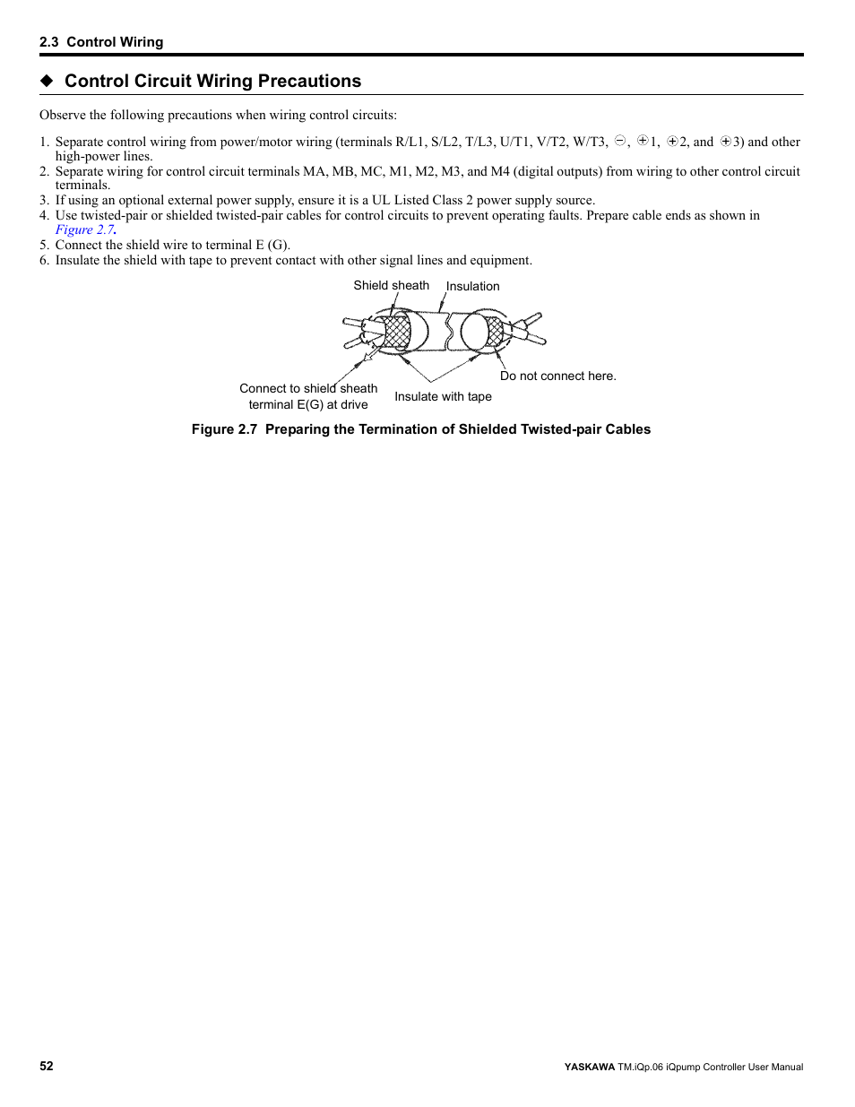 Control circuit wiring precautions | Yaskawa iQpump Controller User Manual User Manual | Page 52 / 266