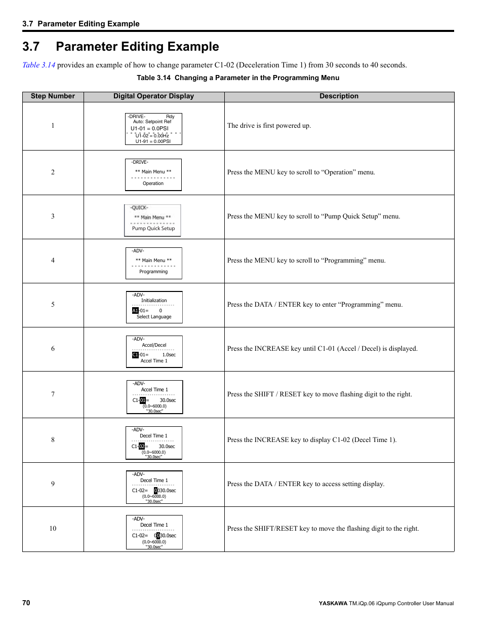 7 parameter editing example, Parameter editing example, 7 example of changing a parameter | Yaskawa iQpump Controller User Manual User Manual | Page 70 / 266