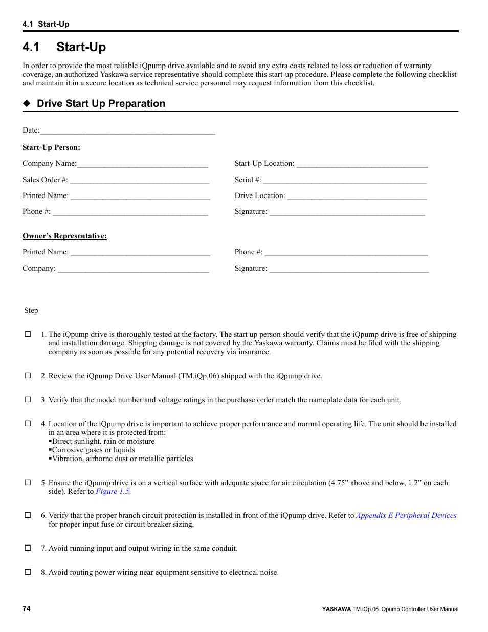 1 start-up, Start-up, Drive start up preparation | Yaskawa iQpump Controller User Manual User Manual | Page 74 / 266