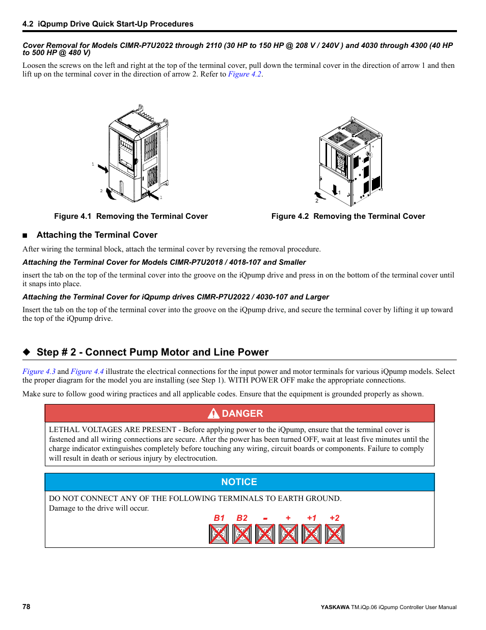 Figure 4.1, Step # 2 - connect pump motor and line power | Yaskawa iQpump Controller User Manual User Manual | Page 78 / 266