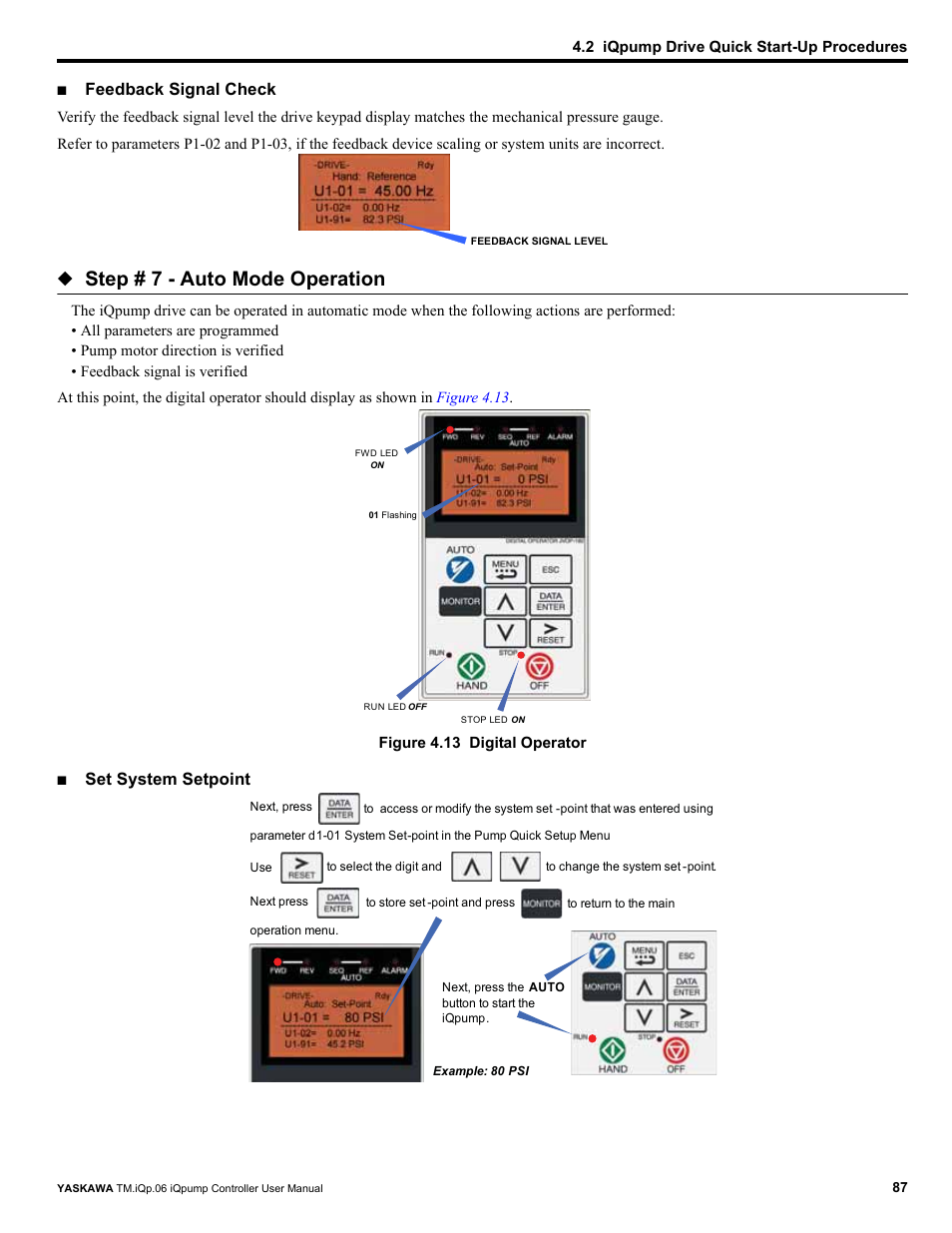 Step # 7 - auto mode operation, Feedback signal check, Set system setpoint | Yaskawa iQpump Controller User Manual User Manual | Page 87 / 266