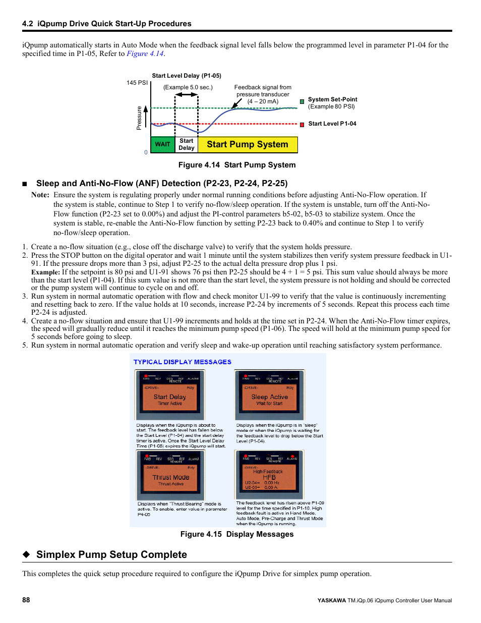 Simplex pump setup complete, Start pump system | Yaskawa iQpump Controller User Manual User Manual | Page 88 / 266