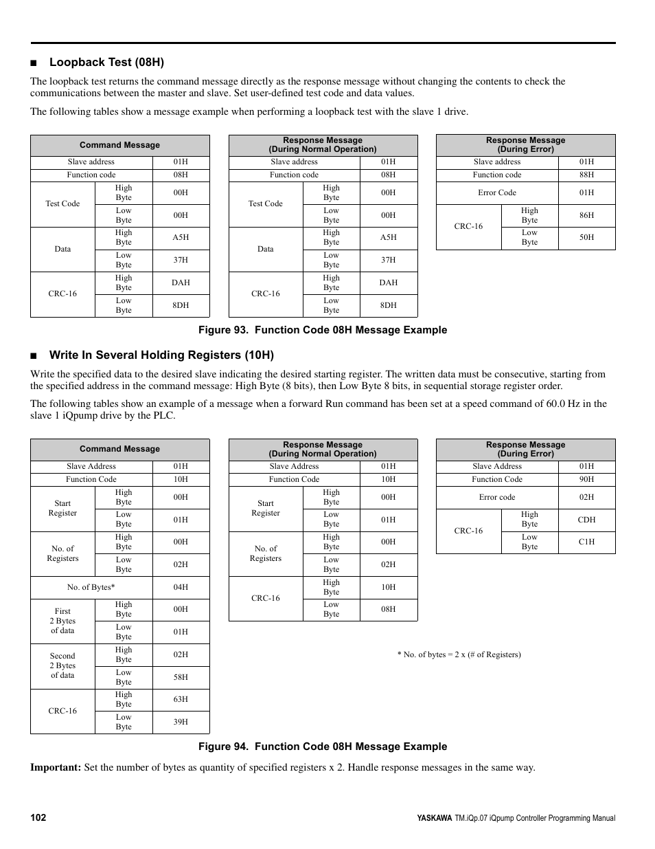 Loopback test (08h), Write in several holding registers (10h) | Yaskawa iQpump Controller Programming Manual User Manual | Page 102 / 302