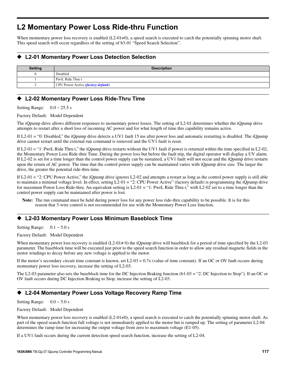 L2 momentary power loss ride-thru function | Yaskawa iQpump Controller Programming Manual User Manual | Page 117 / 302