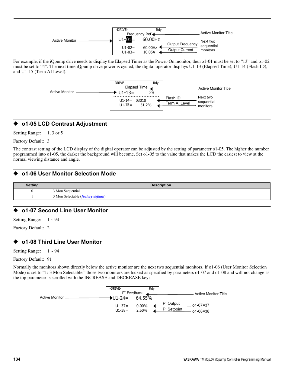 O1-05 lcd contrast adjustment, O1-06 user monitor selection mode, O1-07 second line user monitor | O1-08 third line user monitor | Yaskawa iQpump Controller Programming Manual User Manual | Page 134 / 302