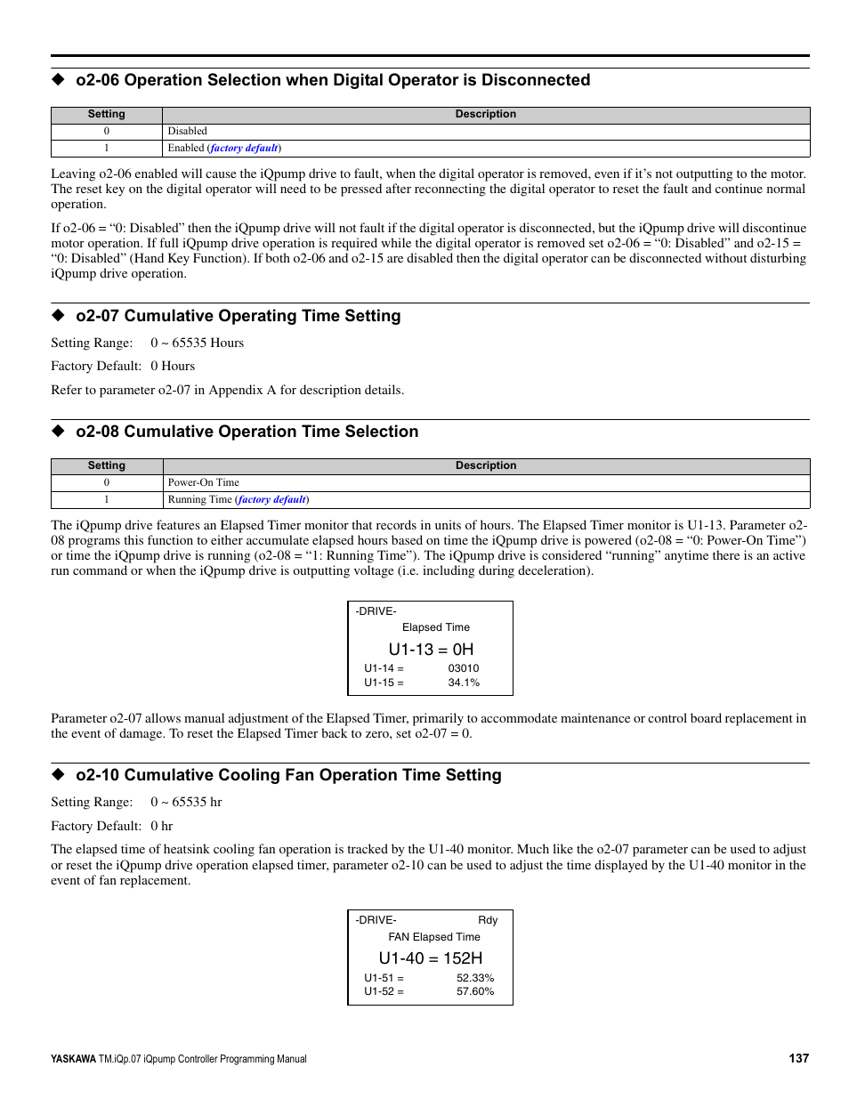 O2-07 cumulative operating time setting, O2-08 cumulative operation time selection, U1-13 = 0h | Yaskawa iQpump Controller Programming Manual User Manual | Page 137 / 302