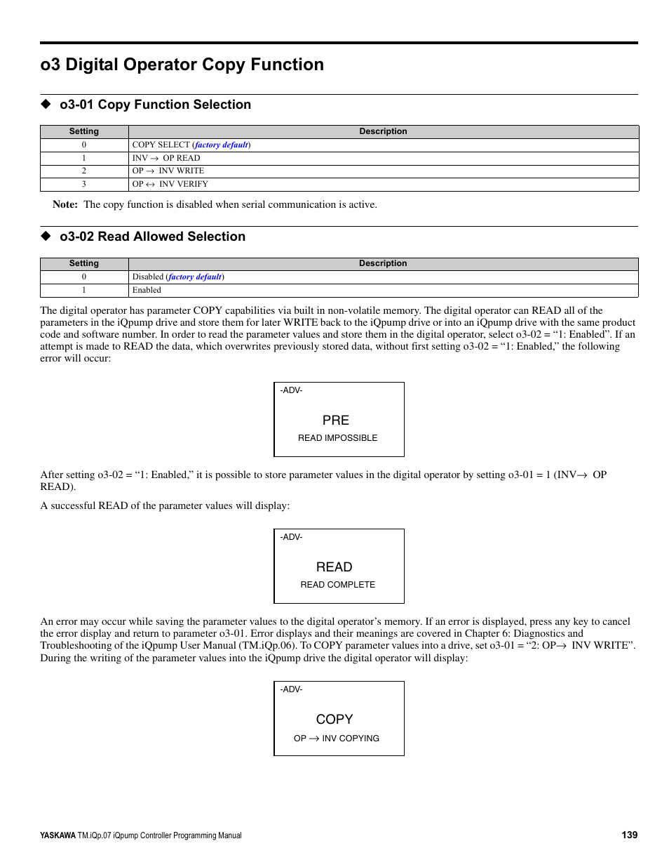 O3 digital operator copy function, O3-01 copy function selection, O3-02 read allowed selection | Read, Copy | Yaskawa iQpump Controller Programming Manual User Manual | Page 139 / 302