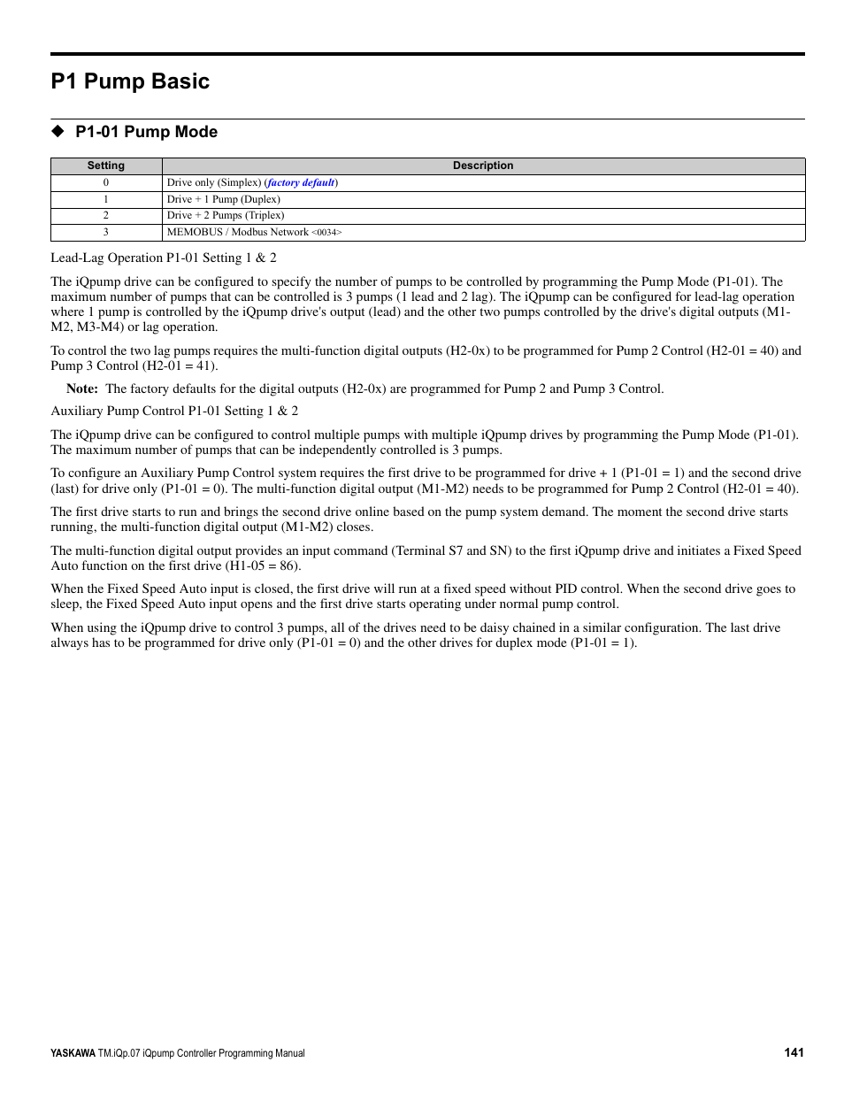 P1 pump basic, P1-01 pump mode | Yaskawa iQpump Controller Programming Manual User Manual | Page 141 / 302