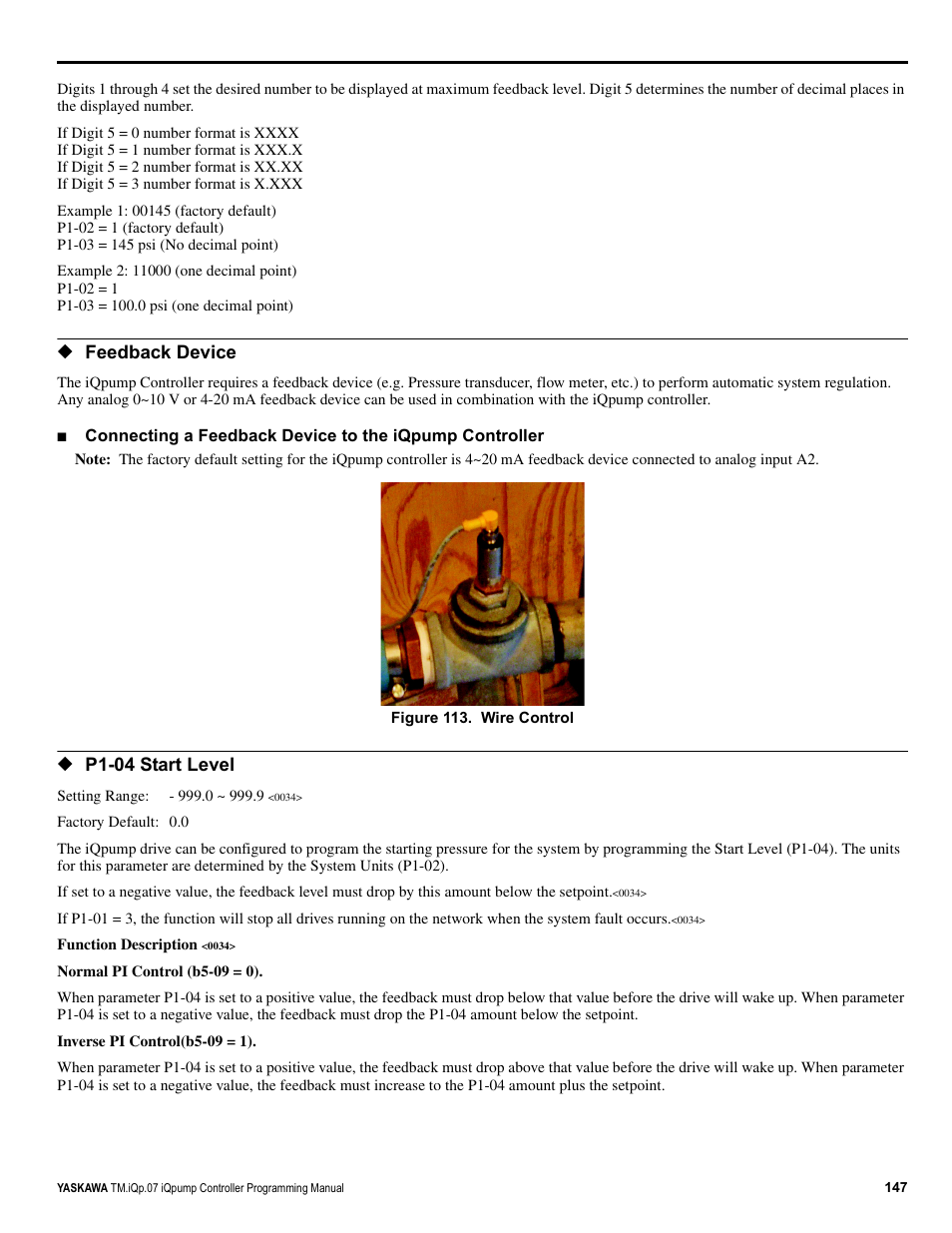 Feedback device, P1-04 start level | Yaskawa iQpump Controller Programming Manual User Manual | Page 147 / 302