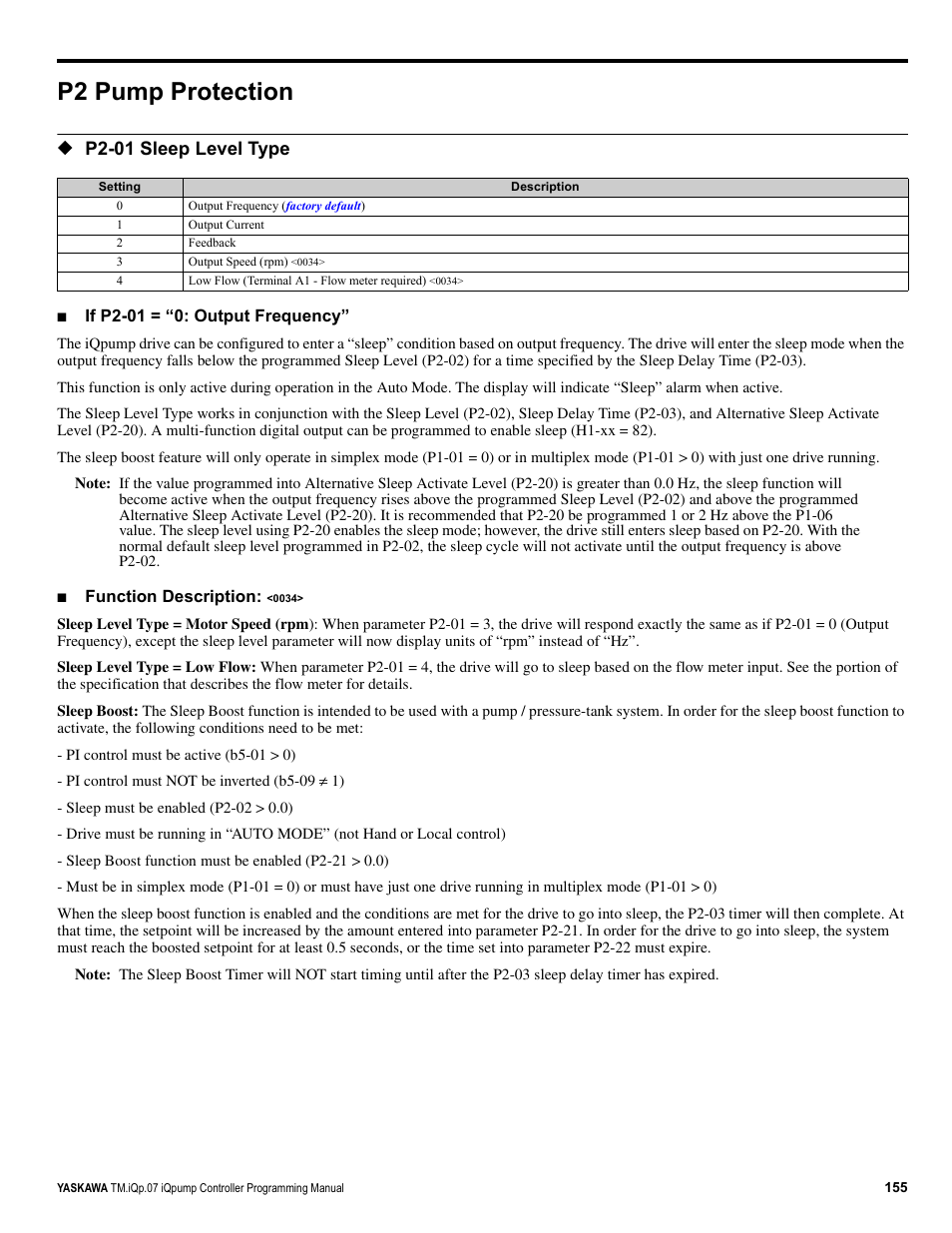P2 pump protection, P2-01 sleep level type | Yaskawa iQpump Controller Programming Manual User Manual | Page 155 / 302