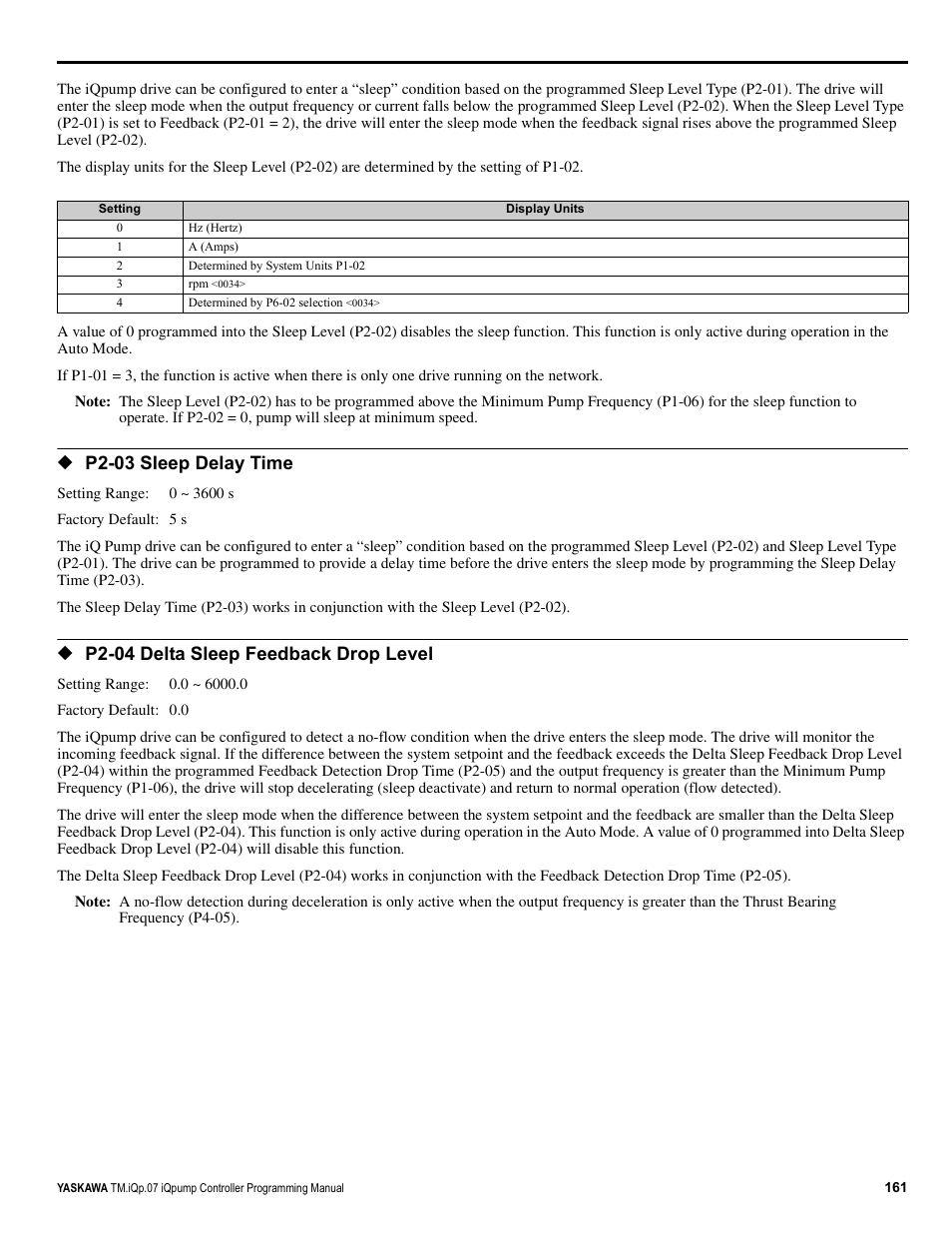 P2-03 sleep delay time, P2-04 delta sleep feedback drop level | Yaskawa iQpump Controller Programming Manual User Manual | Page 161 / 302