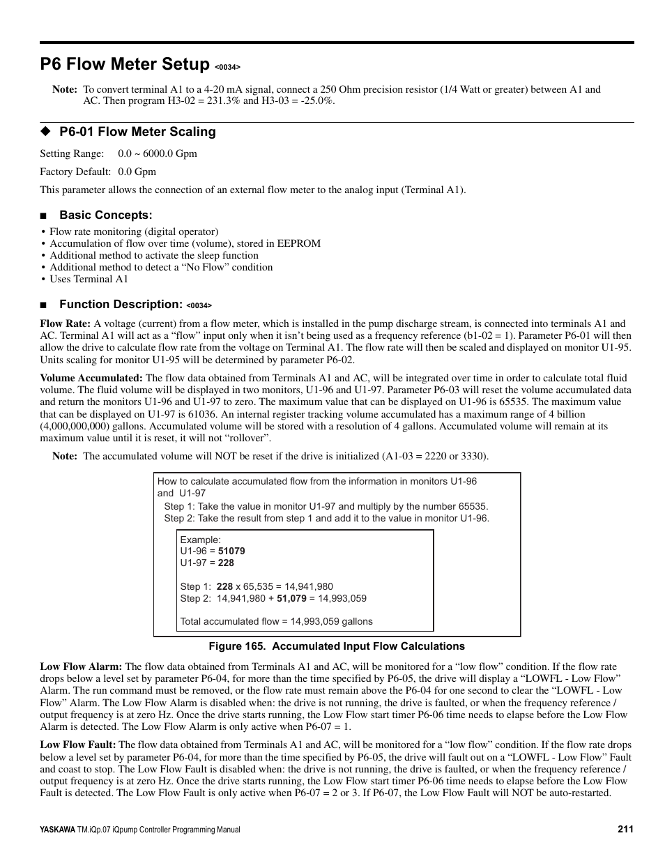 P6 flow meter setup <0034, P6 flow meter setup, P6-01 flow meter scaling | Yaskawa iQpump Controller Programming Manual User Manual | Page 211 / 302