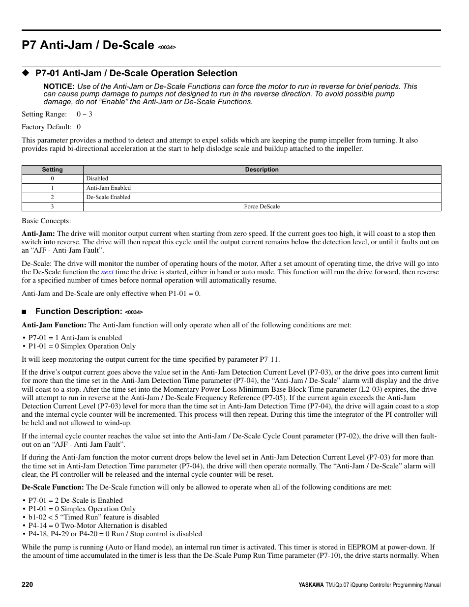 P7 anti-jam / de-scale <0034, P7 anti-jam / de-scale, P7-01 anti-jam / de-scale operation selection | Yaskawa iQpump Controller Programming Manual User Manual | Page 220 / 302