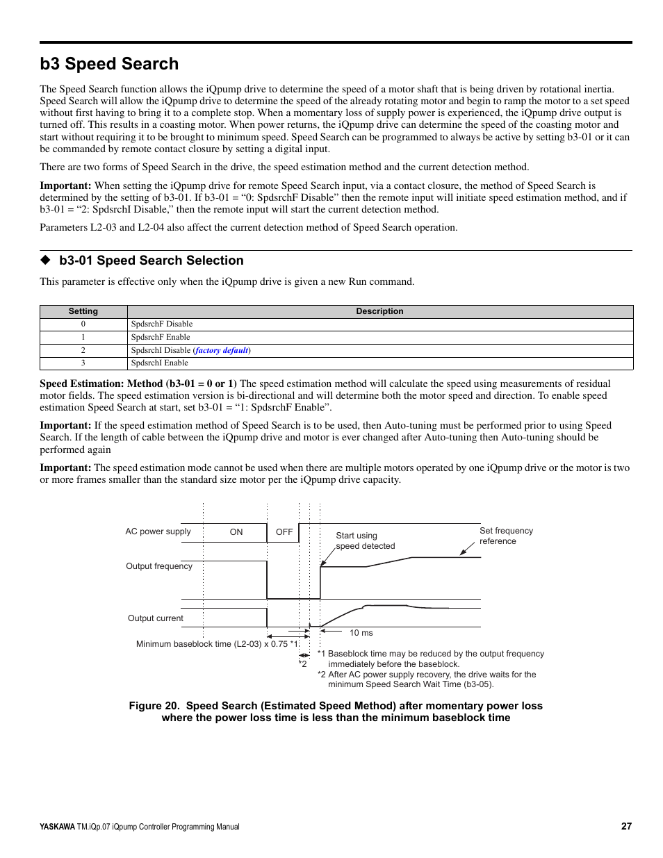 B3 speed search, B3-01 speed search selection | Yaskawa iQpump Controller Programming Manual User Manual | Page 27 / 302
