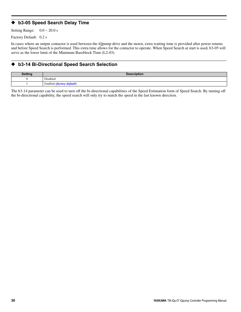 B3-05 speed search delay time, B3-14 bi-directional speed search selection | Yaskawa iQpump Controller Programming Manual User Manual | Page 30 / 302