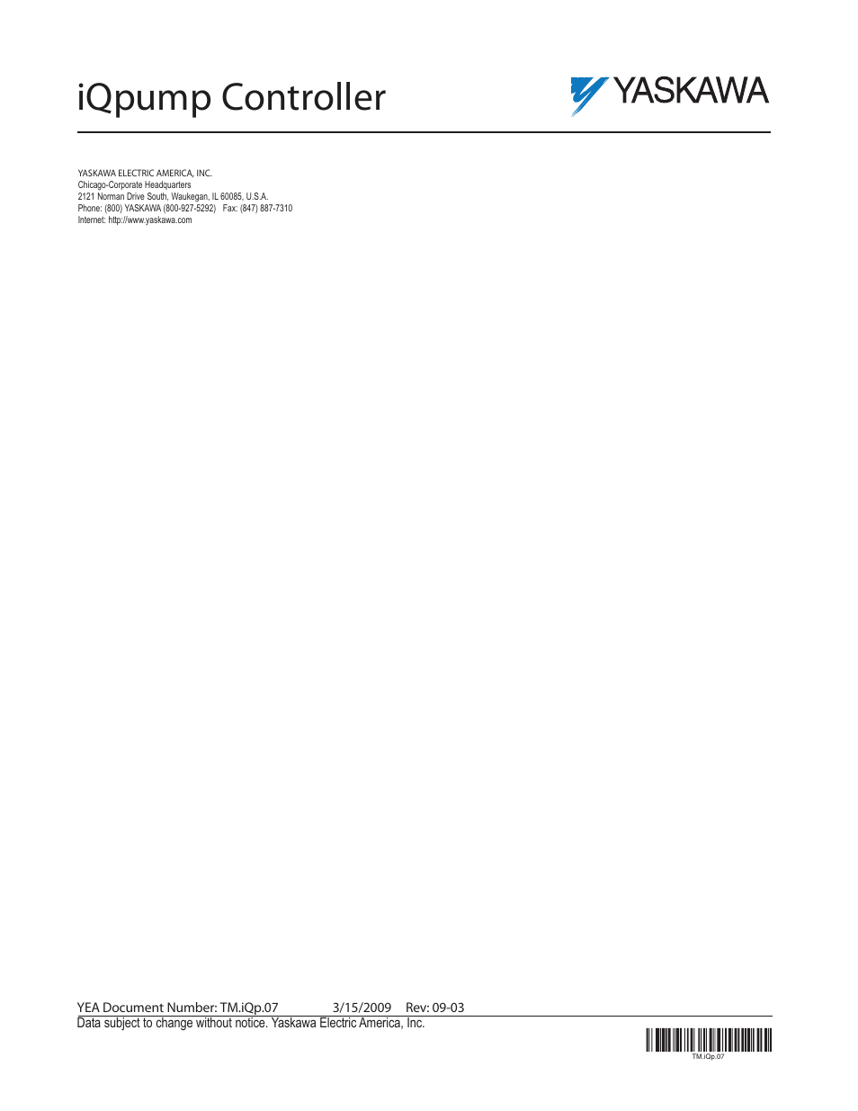 Iqpump controller | Yaskawa iQpump Controller Programming Manual User Manual | Page 302 / 302