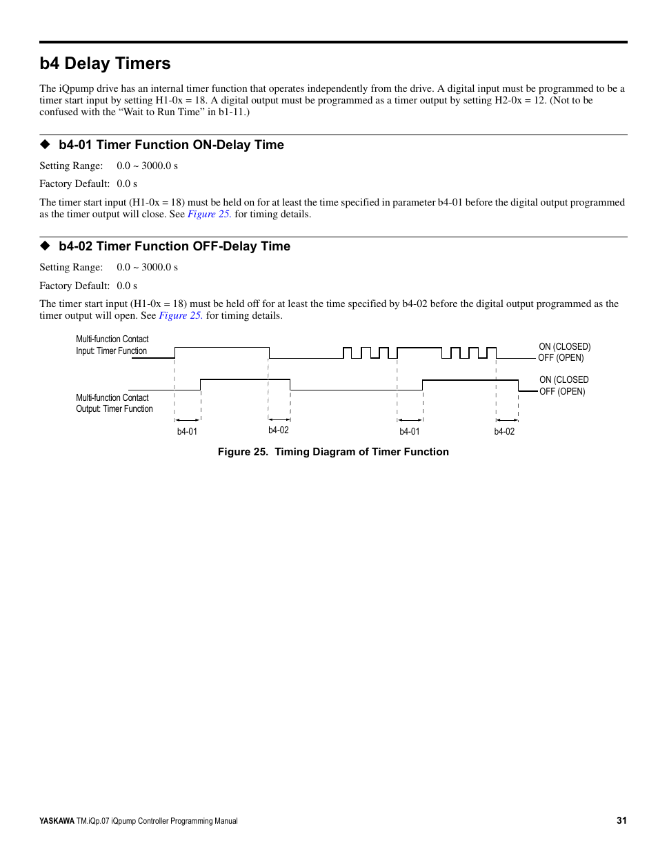 B4 delay timers | Yaskawa iQpump Controller Programming Manual User Manual | Page 31 / 302