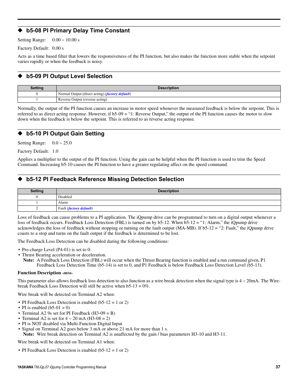 B5-08 pi primary delay time constant, B5-09 pi output level selection, B5-10 pi output gain setting | Yaskawa iQpump Controller Programming Manual User Manual | Page 37 / 302