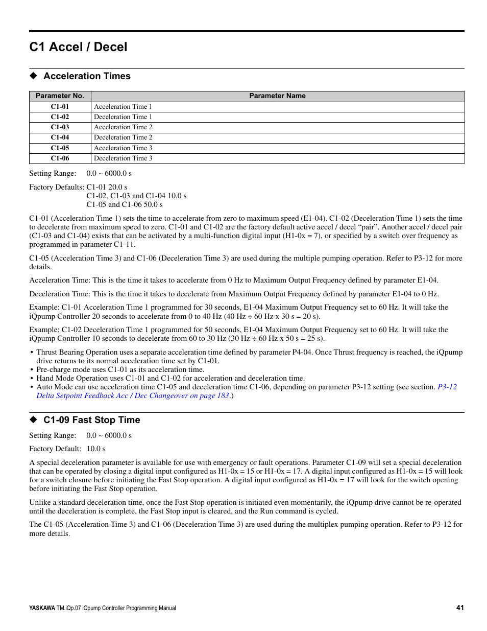 C1 accel / decel | Yaskawa iQpump Controller Programming Manual User Manual | Page 41 / 302
