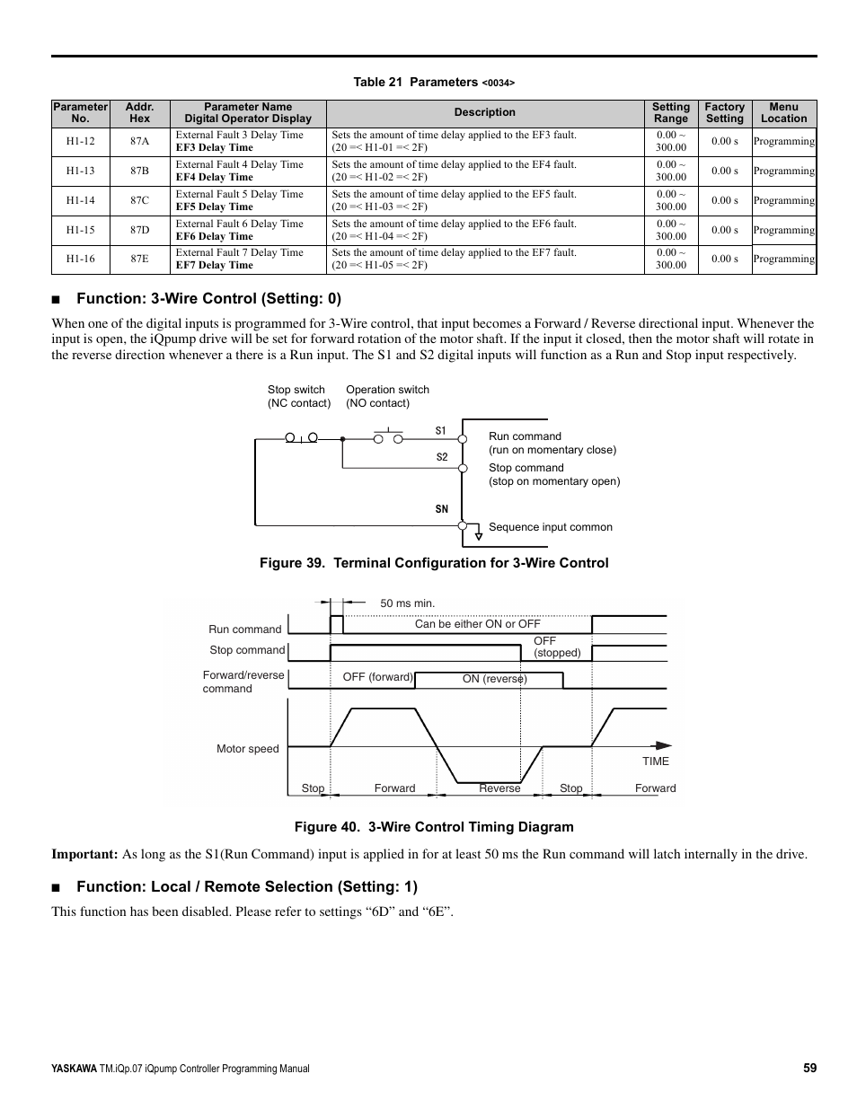 Function: 3-wire control (setting: 0), Function: local / remote selection (setting: 1) | Yaskawa iQpump Controller Programming Manual User Manual | Page 59 / 302