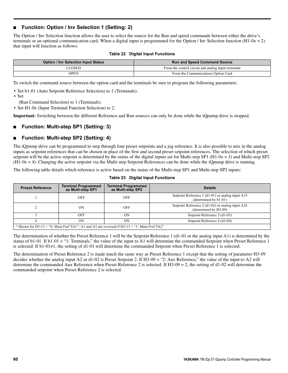 Function: option / inv selection 1 (setting: 2), Function: multi-step sp1 (setting: 3), Function: multi-step sp2 (setting: 4) | Yaskawa iQpump Controller Programming Manual User Manual | Page 60 / 302