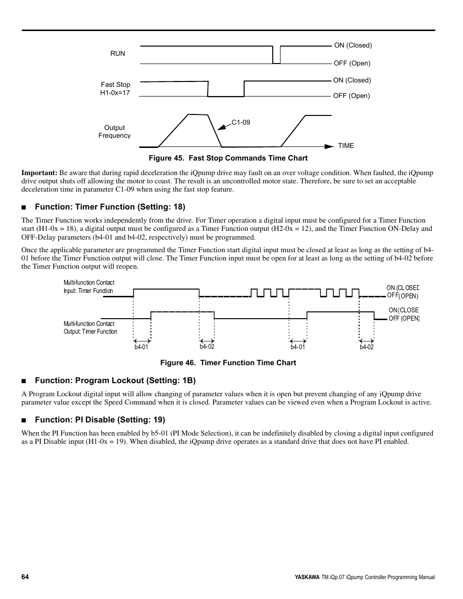 Function: timer function (setting: 18), Function: program lockout (setting: 1b), Function: pi disable (setting: 19) | Yaskawa iQpump Controller Programming Manual User Manual | Page 64 / 302