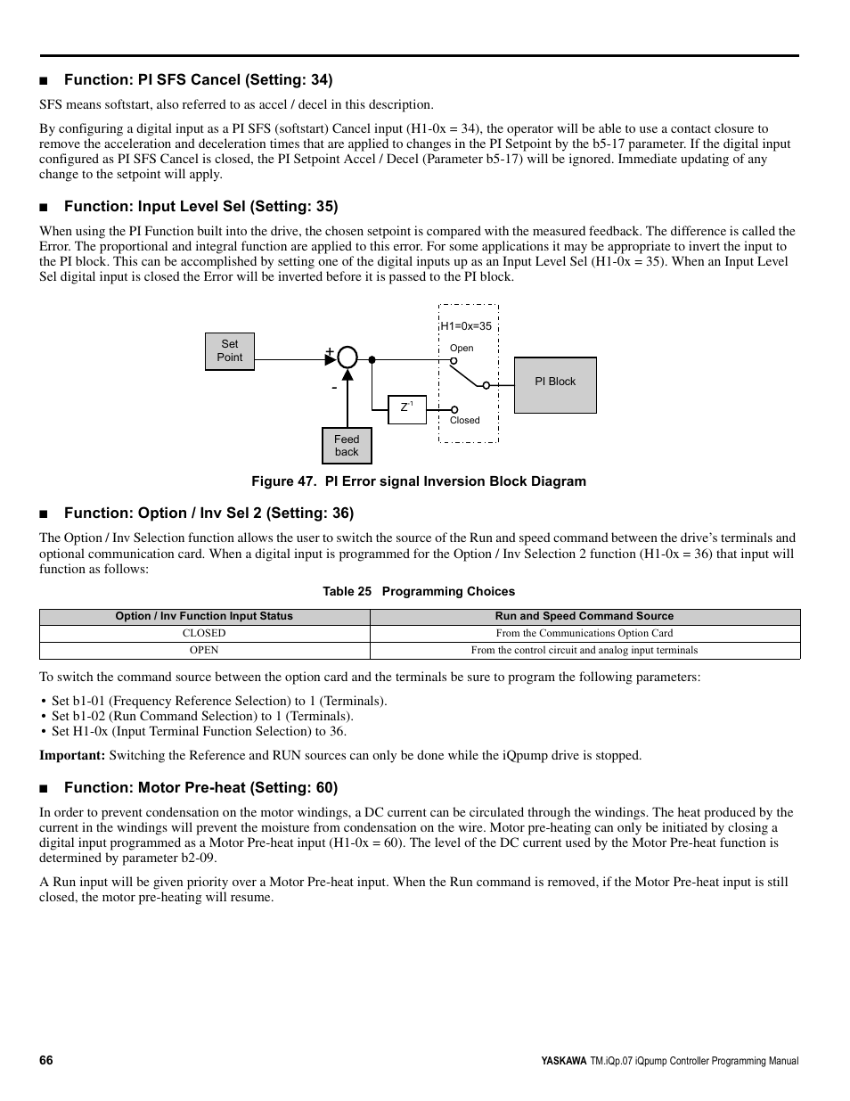 Function: pi sfs cancel (setting: 34), Function: input level sel (setting: 35), Function: option / inv sel 2 (setting: 36) | Function: motor pre-heat (setting: 60) | Yaskawa iQpump Controller Programming Manual User Manual | Page 66 / 302