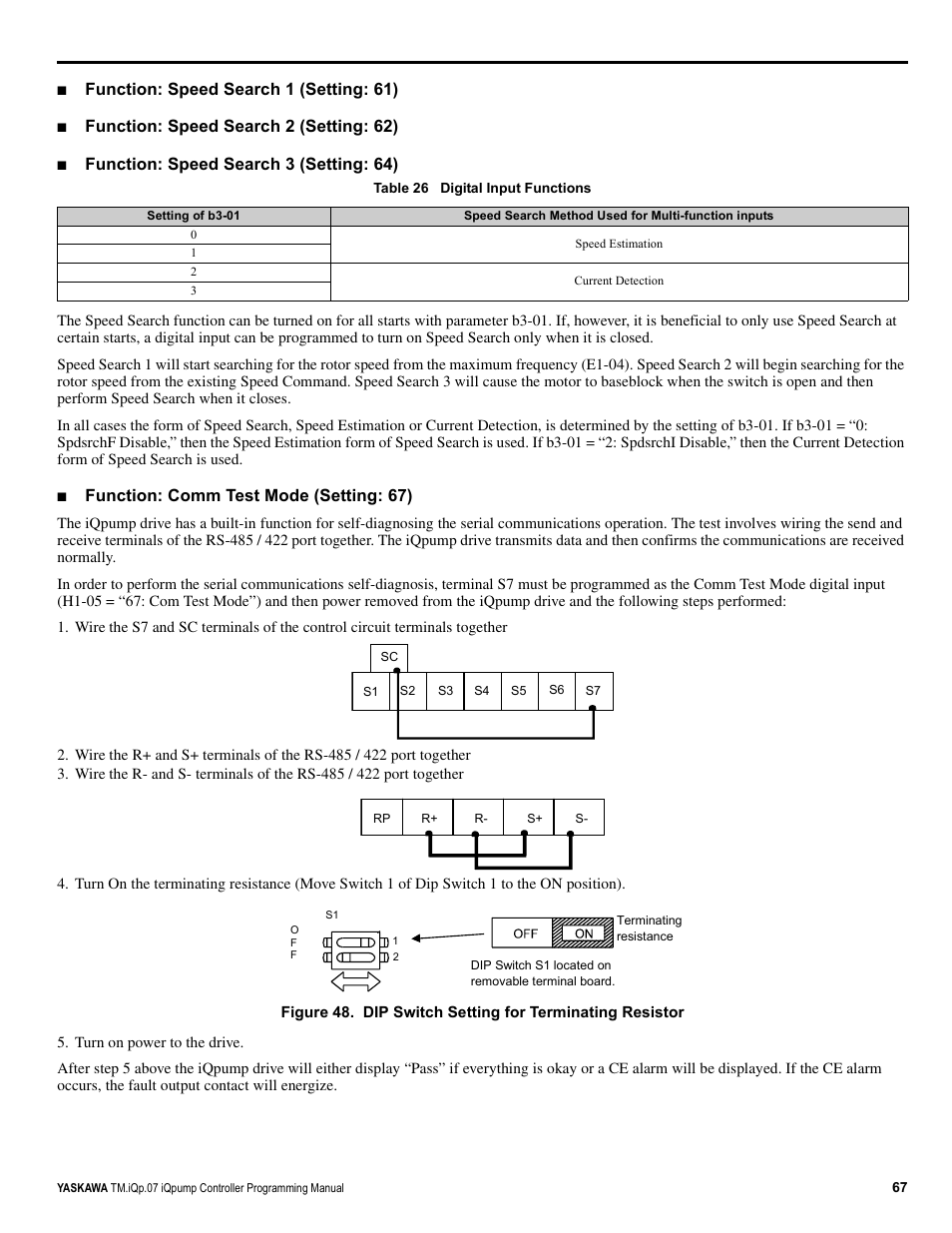 Function: speed search 1 (setting: 61), Function: speed search 2 (setting: 62), Function: speed search 3 (setting: 64) | Function: comm test mode (setting: 67) | Yaskawa iQpump Controller Programming Manual User Manual | Page 67 / 302