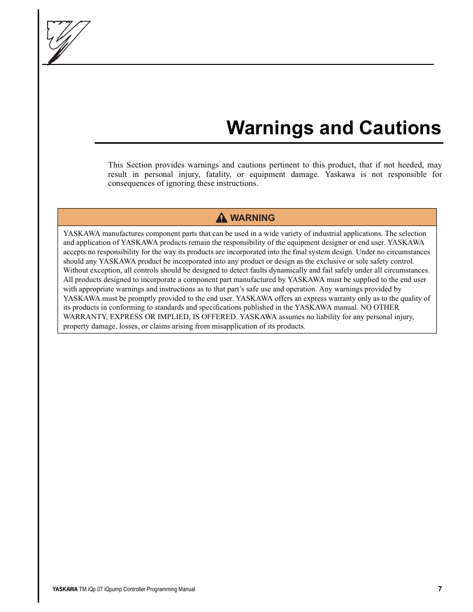 Warnings and cautions, Arnings, Autions | Yaskawa iQpump Controller Programming Manual User Manual | Page 7 / 302