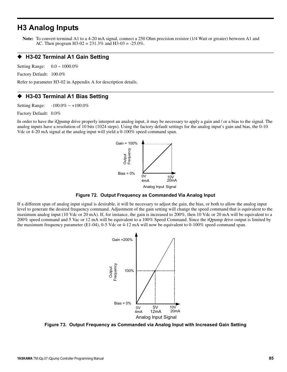 H3 analog inputs, H3-02 terminal a1 gain setting, H3-03 terminal a1 bias setting | Yaskawa iQpump Controller Programming Manual User Manual | Page 85 / 302
