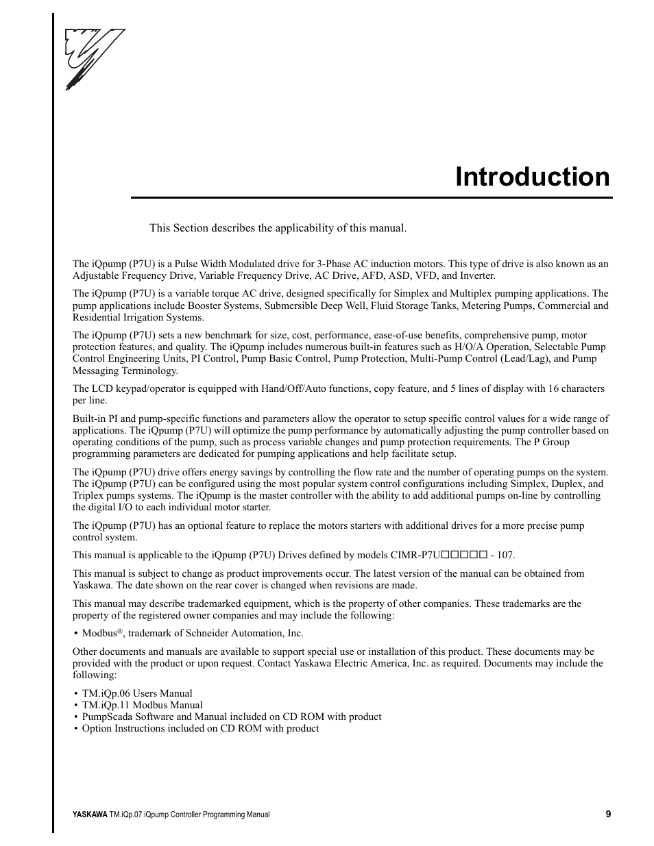 Introduction, Ntroduction | Yaskawa iQpump Controller Programming Manual User Manual | Page 9 / 302