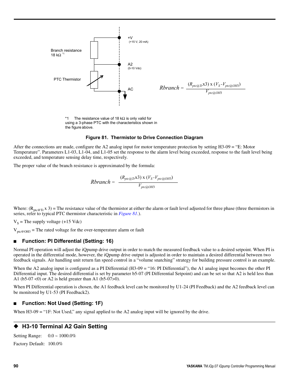 H3-10 terminal a2 gain setting, Rbranch, Function: pi differential (setting: 16) | Function: not used (setting: 1f) | Yaskawa iQpump Controller Programming Manual User Manual | Page 90 / 302