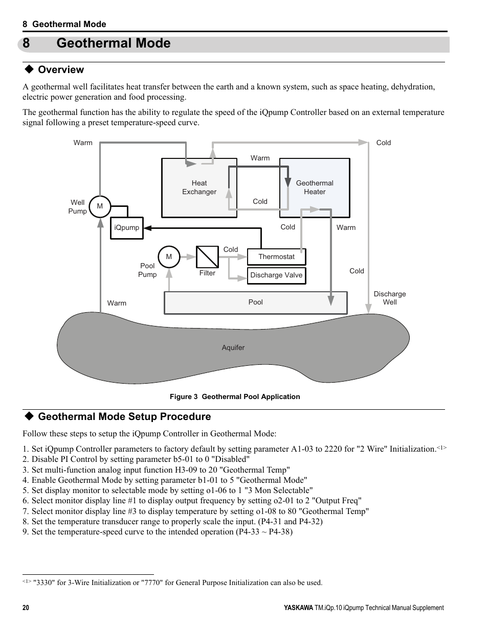 8 geothermal mode, Overview, Geothermal mode setup procedure | Geothermal mode, 8geothermal mode | Yaskawa iQpump Manual Supplement User Manual | Page 20 / 94