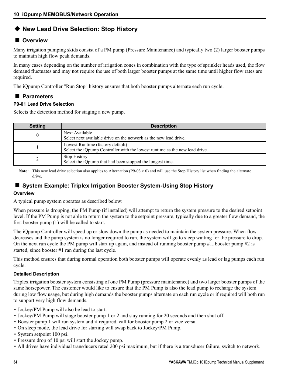 New lead drive selection: stop history | Yaskawa iQpump Manual Supplement User Manual | Page 34 / 94