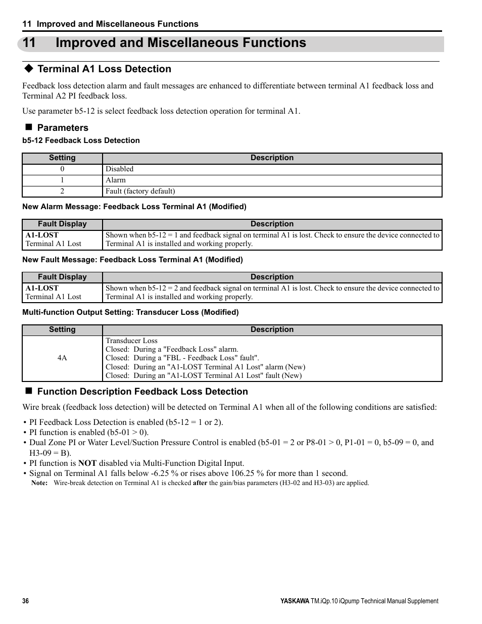 11 improved and miscellaneous functions, Terminal a1 loss detection, Improved and miscellaneous functions | Yaskawa iQpump Manual Supplement User Manual | Page 36 / 94