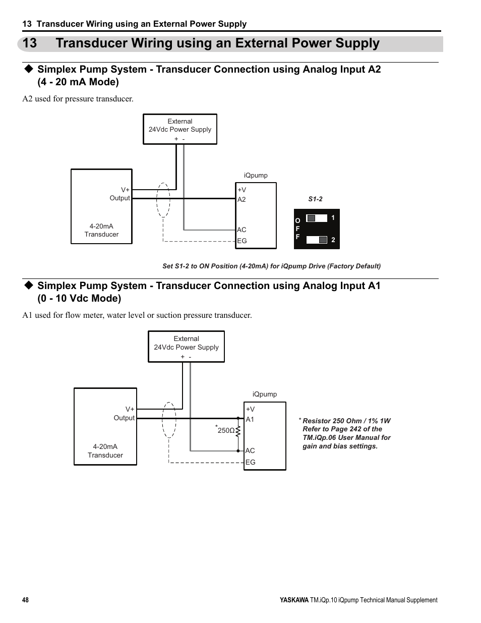 Transducer wiring using an external power supply | Yaskawa iQpump Manual Supplement User Manual | Page 48 / 94