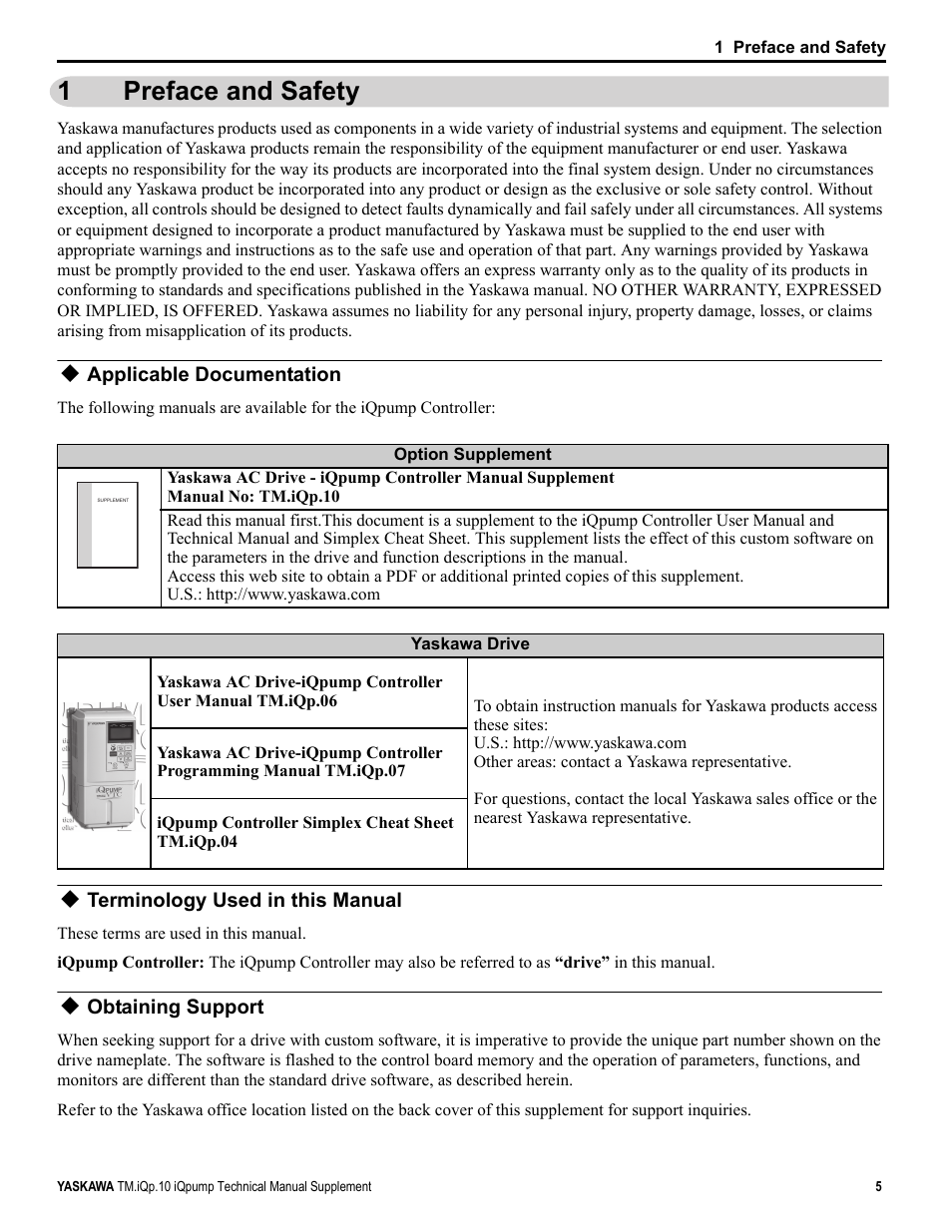 1 preface and safety, Applicable documentation, Terminology used in this manual | Obtaining support, Preface and safety, 1preface and safety | Yaskawa iQpump Manual Supplement User Manual | Page 5 / 94
