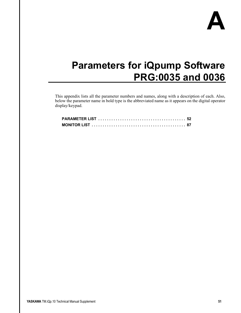 Parameters for iqpump software prg:0035 and 0036 | Yaskawa iQpump Manual Supplement User Manual | Page 51 / 94