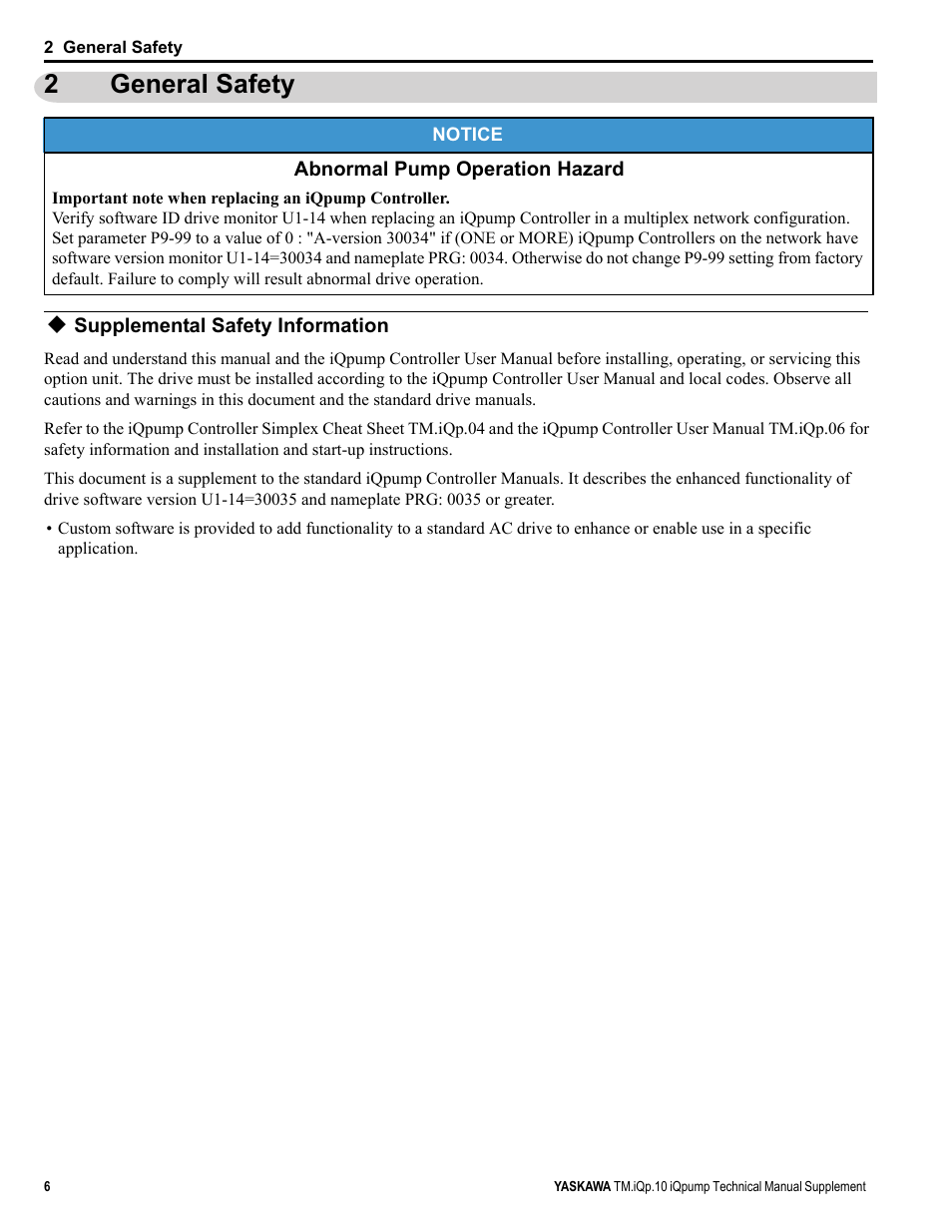 2 general safety, Supplemental safety information, 2general safety | Yaskawa iQpump Manual Supplement User Manual | Page 6 / 94