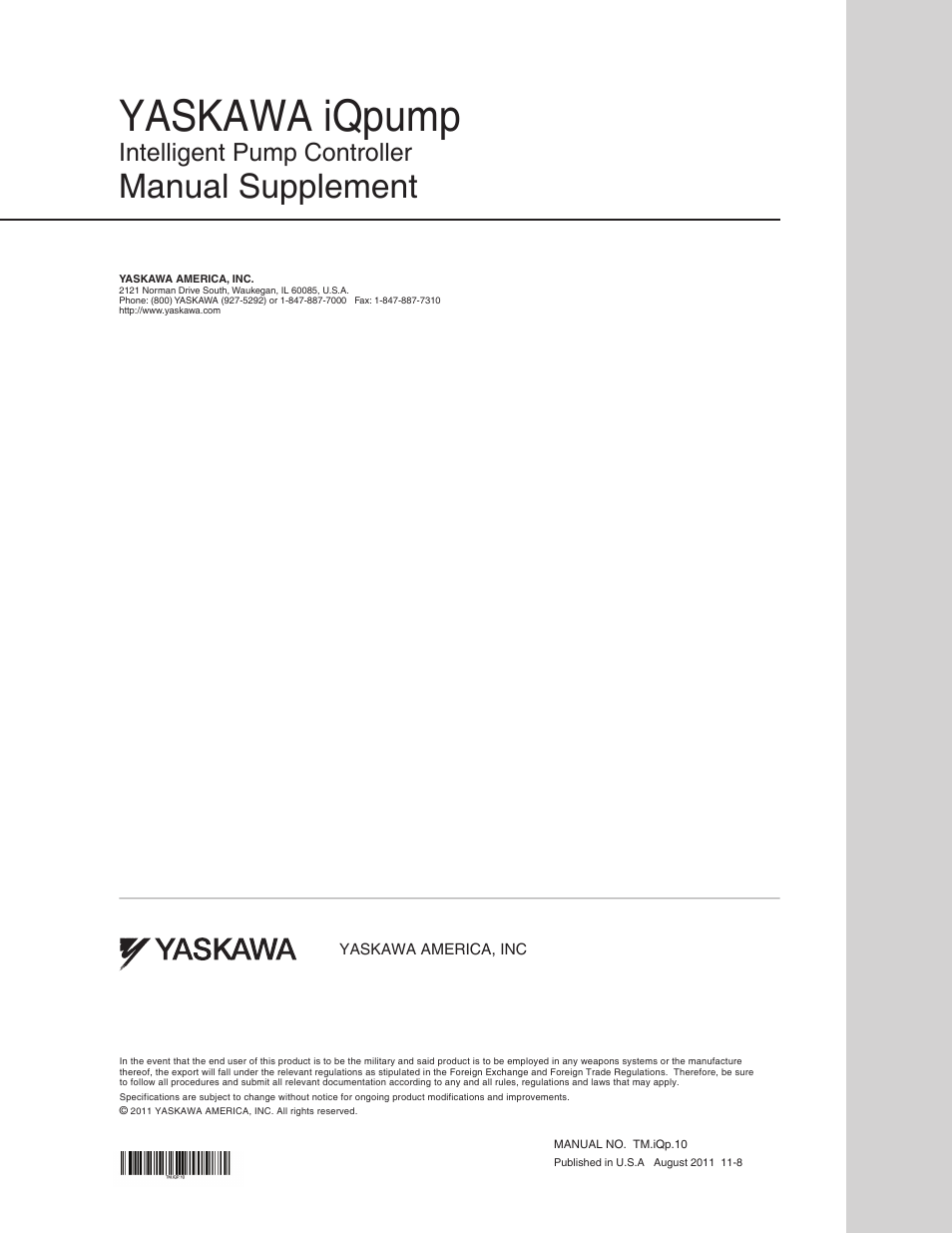 Yaskawa iqpump, Manual supplement, Intelligent pump controller | Yaskawa iQpump Manual Supplement User Manual | Page 94 / 94