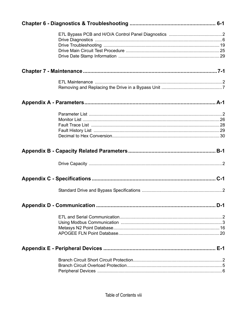 Chapter 6 - diagnostics & troubleshooting 6-1, Chapter 7 - maintenance 7-1 | Yaskawa E7L Drive Bypass User Manual | Page 10 / 302