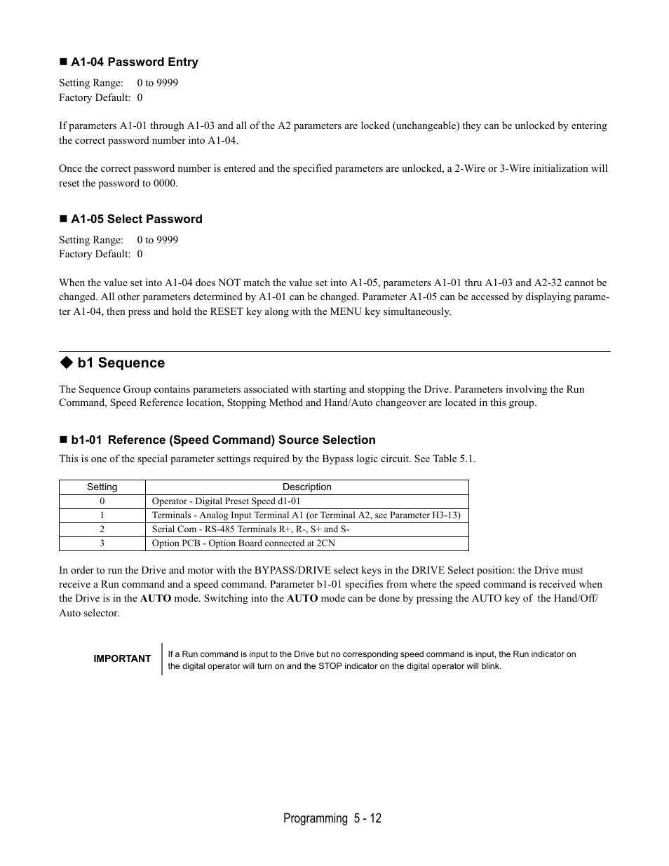 A1-04 password entry, A1-05 select password, B1 sequence | B1-01 reference (speed command) source selection | Yaskawa E7L Drive Bypass User Manual | Page 104 / 302