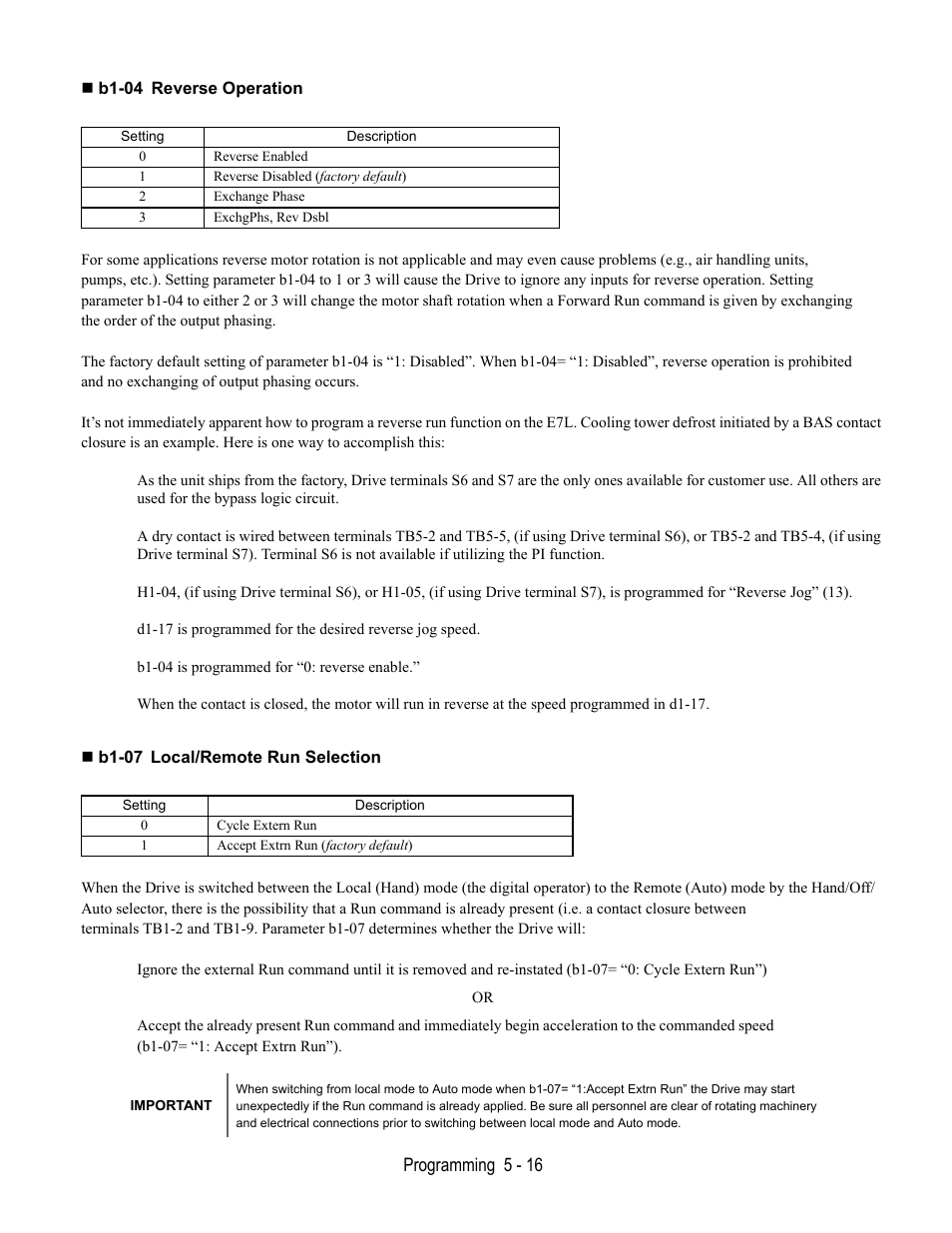 B1-04 reverse operation, B1-07 local/remote run selection | Yaskawa E7L Drive Bypass User Manual | Page 108 / 302