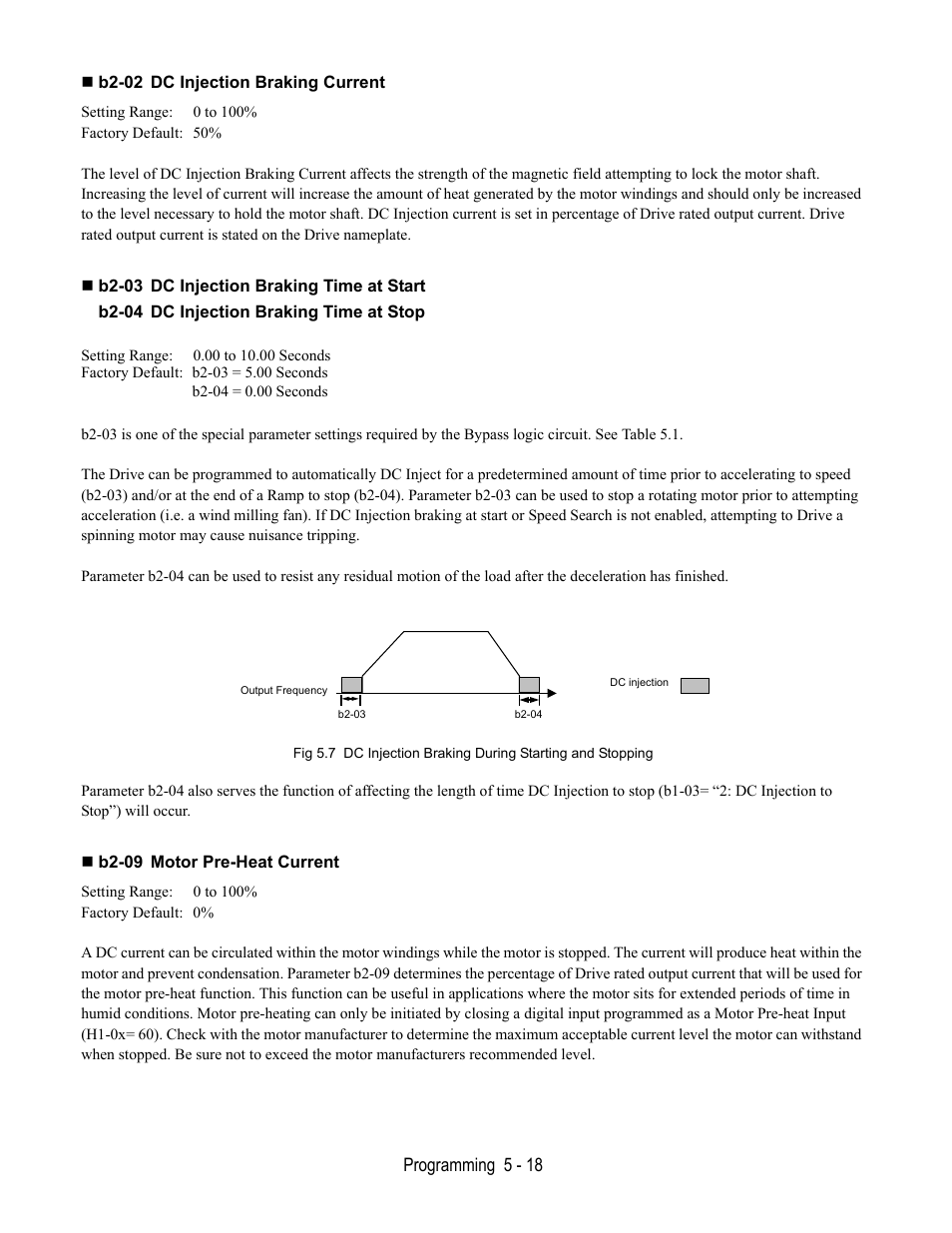 B2-02 dc injection braking current, B2-03 dc injection braking time at start, B2-09 motor pre-heat current | Yaskawa E7L Drive Bypass User Manual | Page 110 / 302